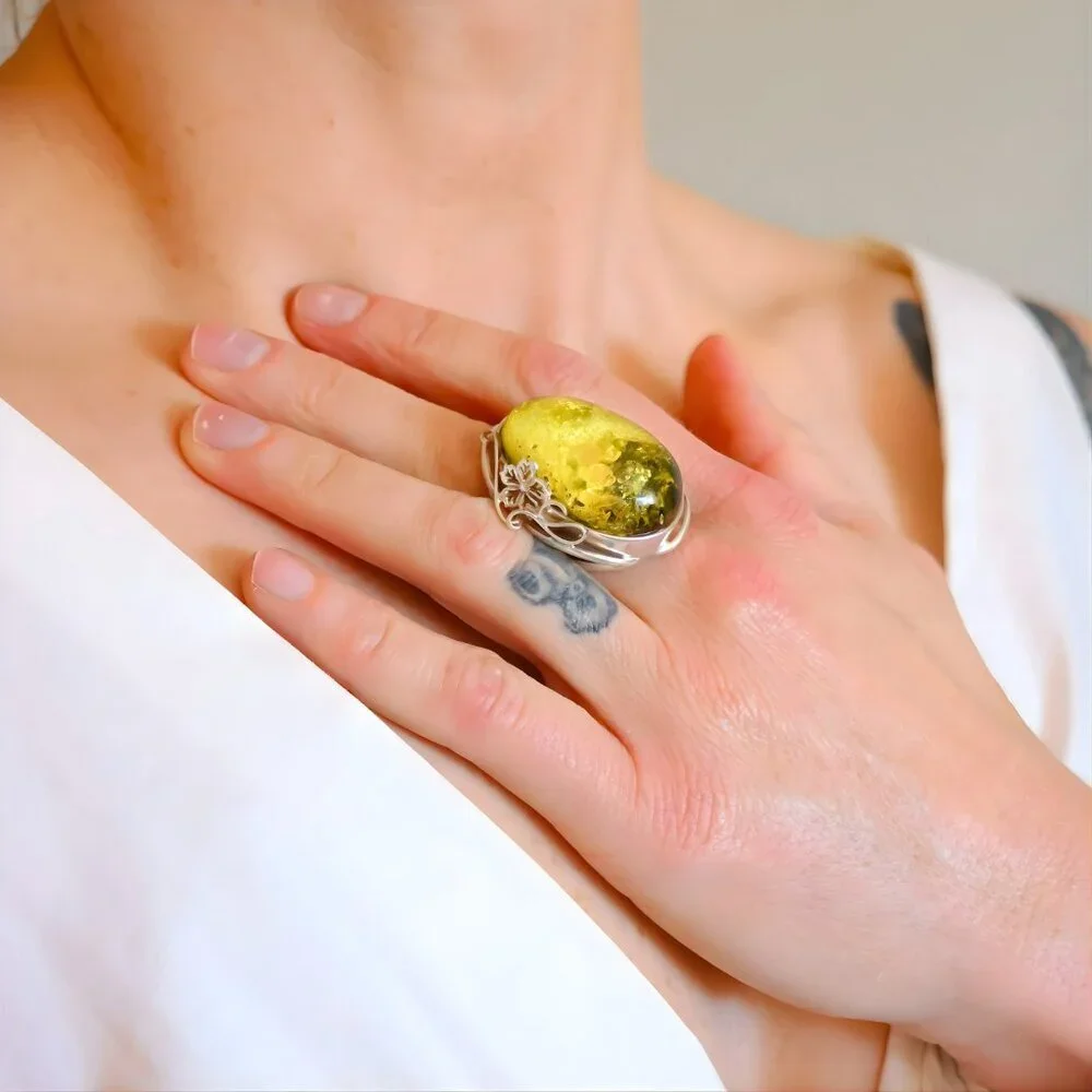 Baltic Green Amber Ring in Sterling Silver - Handmade
